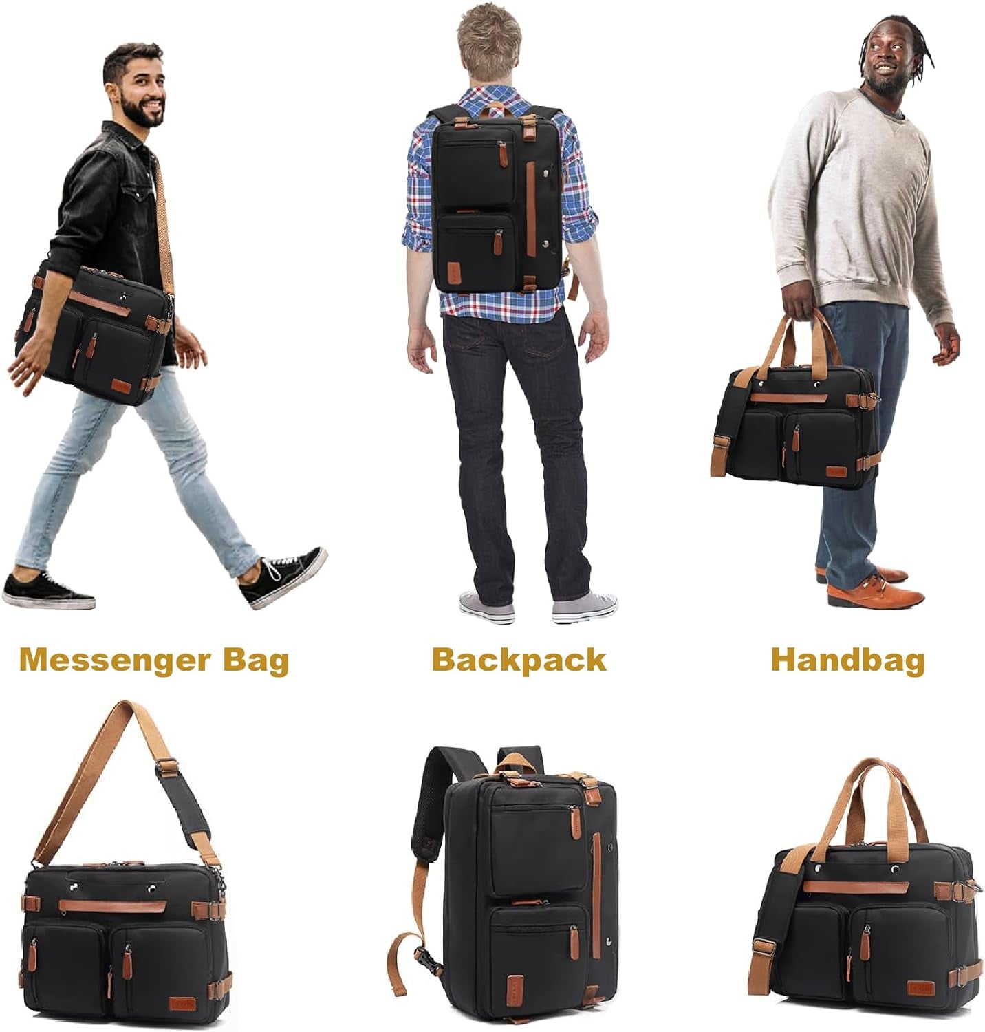3 in 1 Laptop Bag for Men, 17.3 Inch Work Bags for Men, Laptop Backpack, Briefcases, Messenger Bag, Computer Bags for Laptops for Men Women, Black